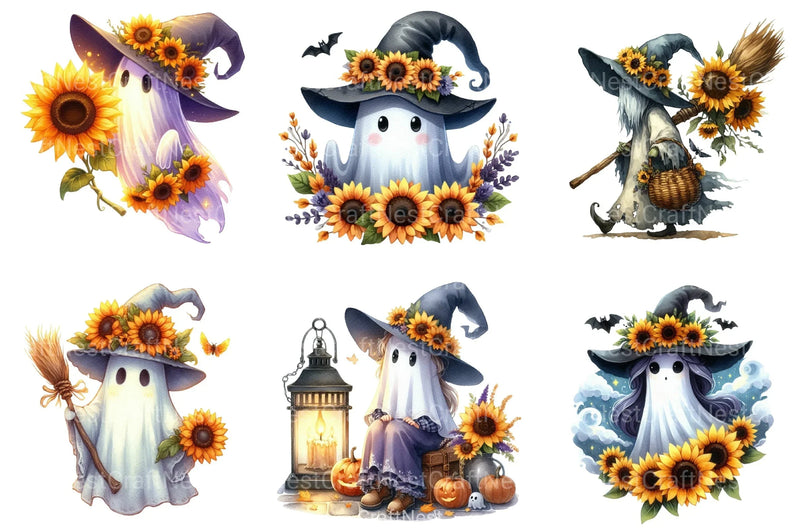 Witchy Sunflower Ghost Halloween Clipart Bundle - CraftNest - Digital Crafting and Art