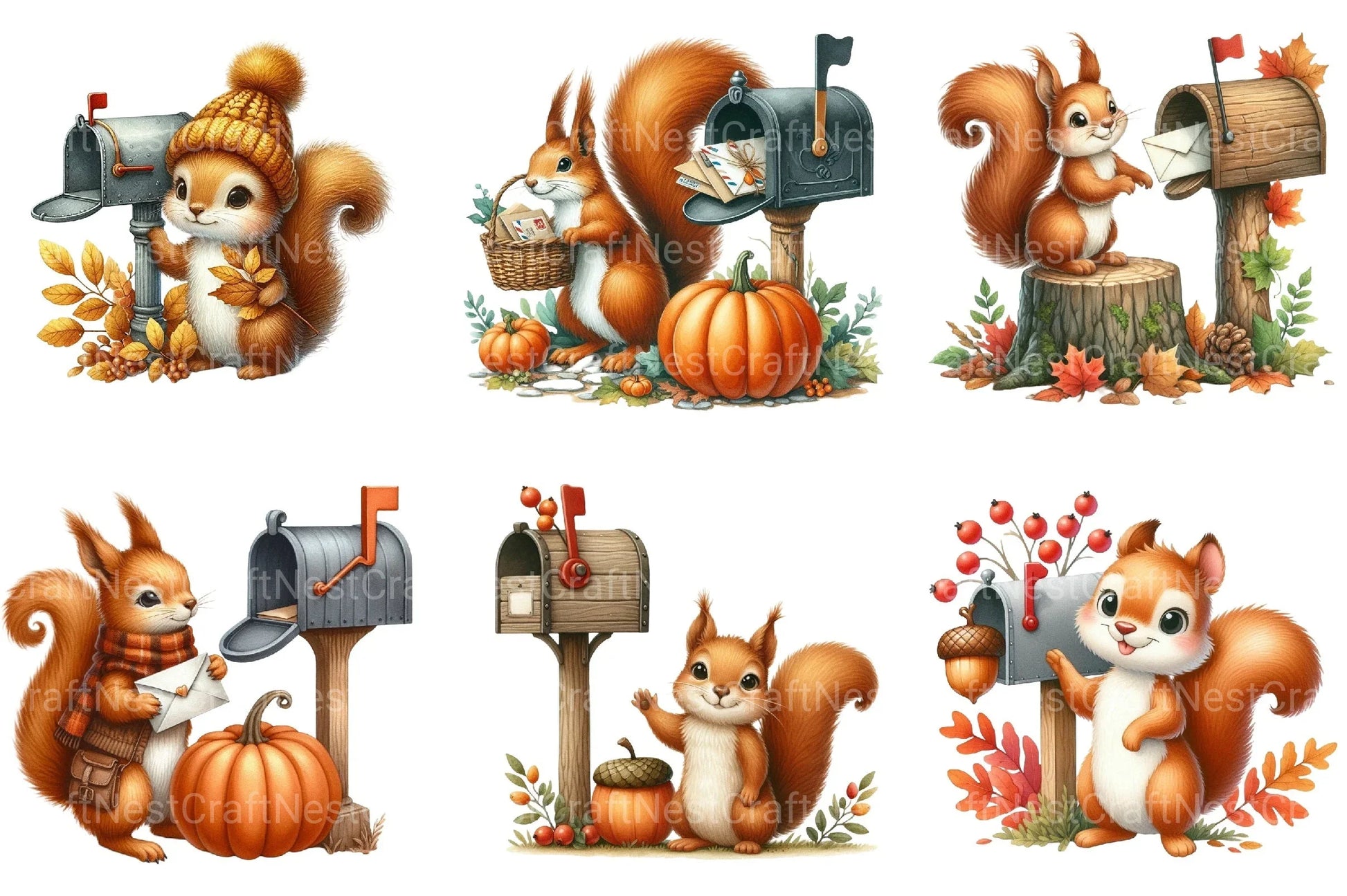 Autumn Squirrel with Mailbox Clipart Bundle 3 - CraftNest - Digital Crafting and Art