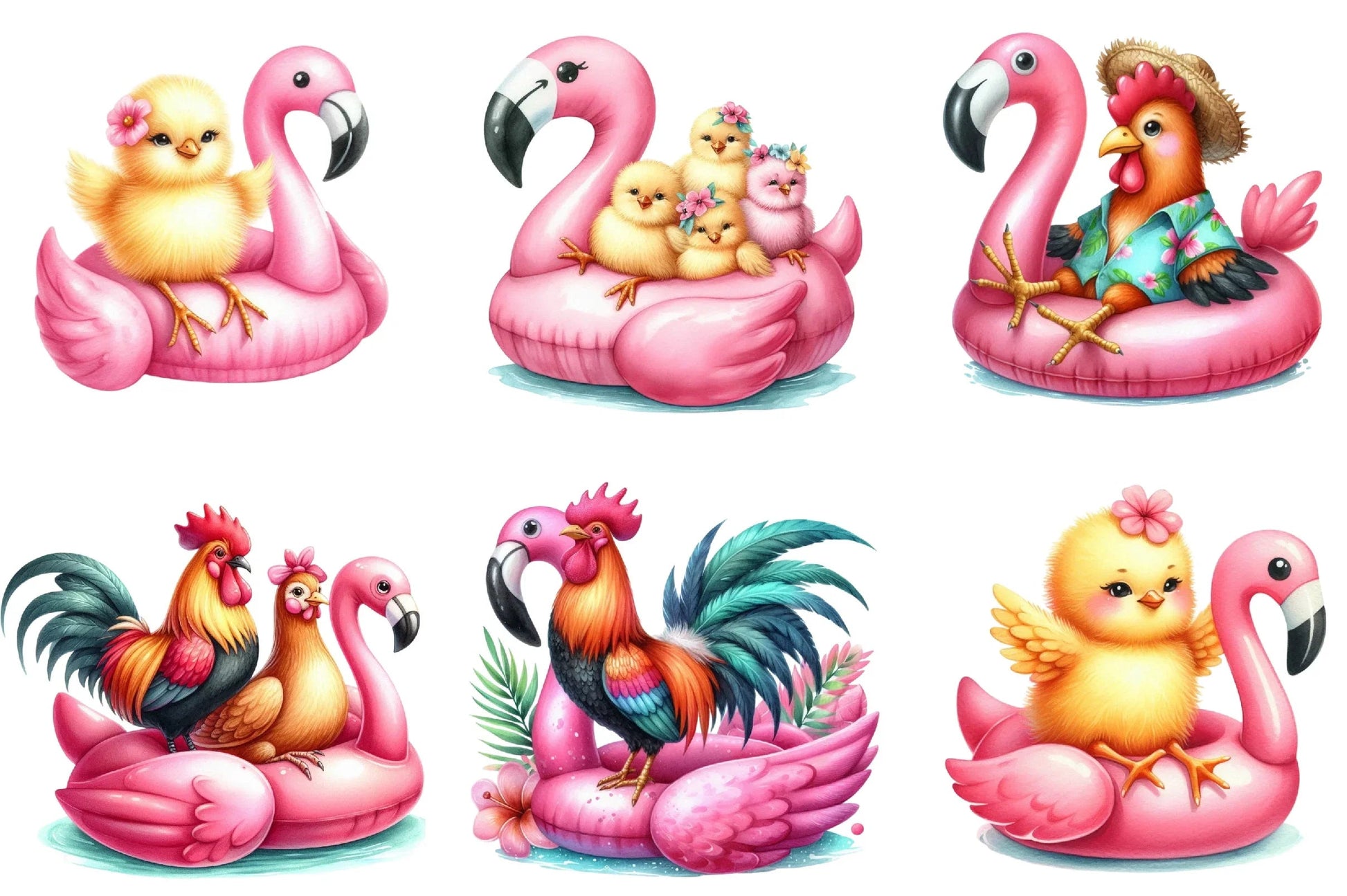 Cute Chickens on Flamingo Floats Clipart Bundle - CraftNest - Digital Crafting and Art