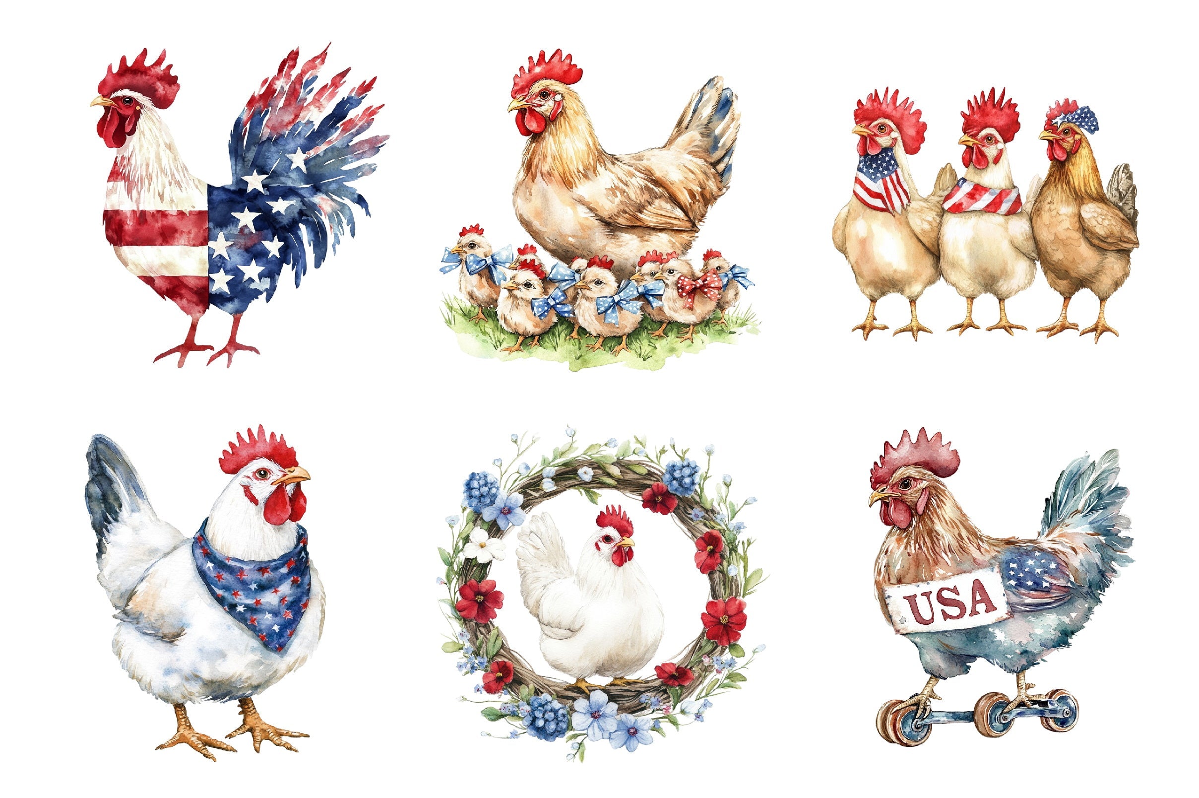 Patriotic USA Chicken Retro America Clipart Bundle