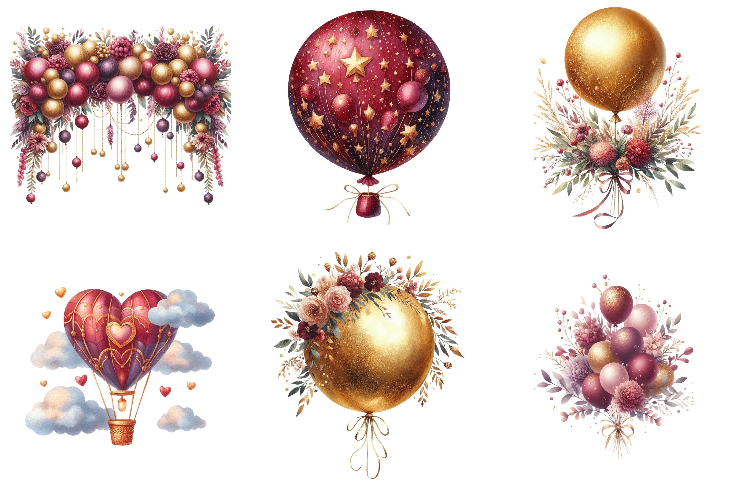 Burgundy and Gold Balloons Clipart Bundle