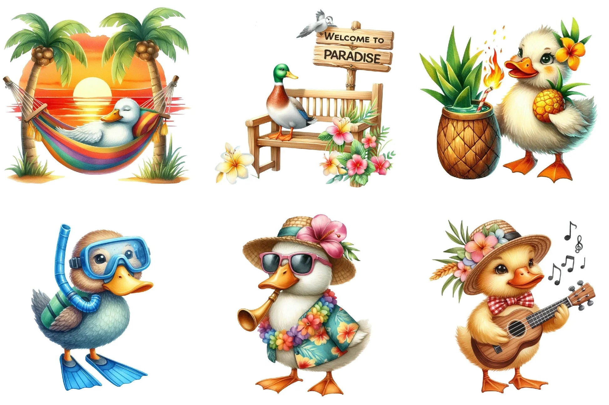 Hawaiian Tropical Duck Clipart Bundle - CraftNest - Digital Crafting and Art