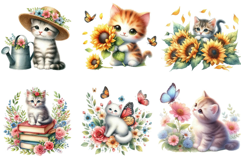 Floral Cute Cat Clipart Bundle - CraftNest - Digital Crafting and Art