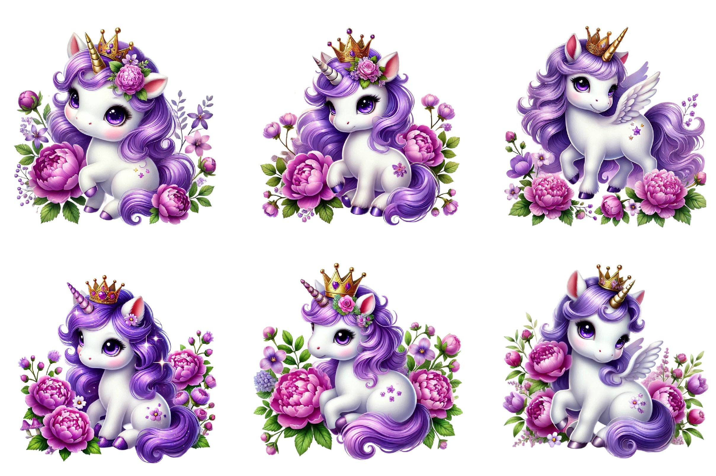 Cute Purple Unicorn Clipart Bundle