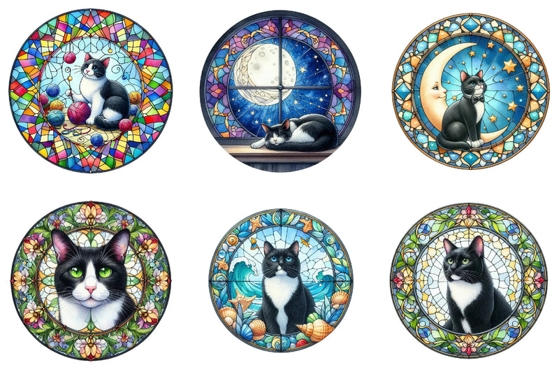Round Stained Glass Tuxedo Cat Clipart Bundle - CraftNest - Digital Crafting and Art