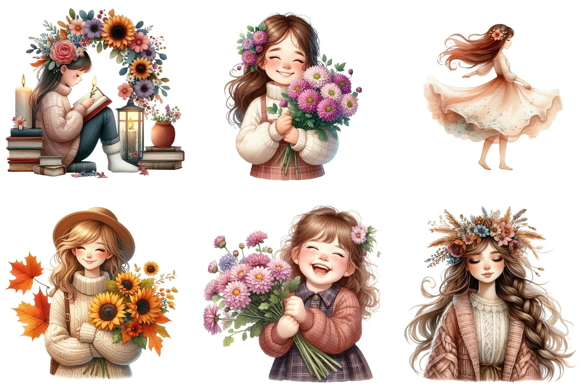 Girls with Fall Flowers Clipart Bundle - CraftNest - Digital Crafting and Art
