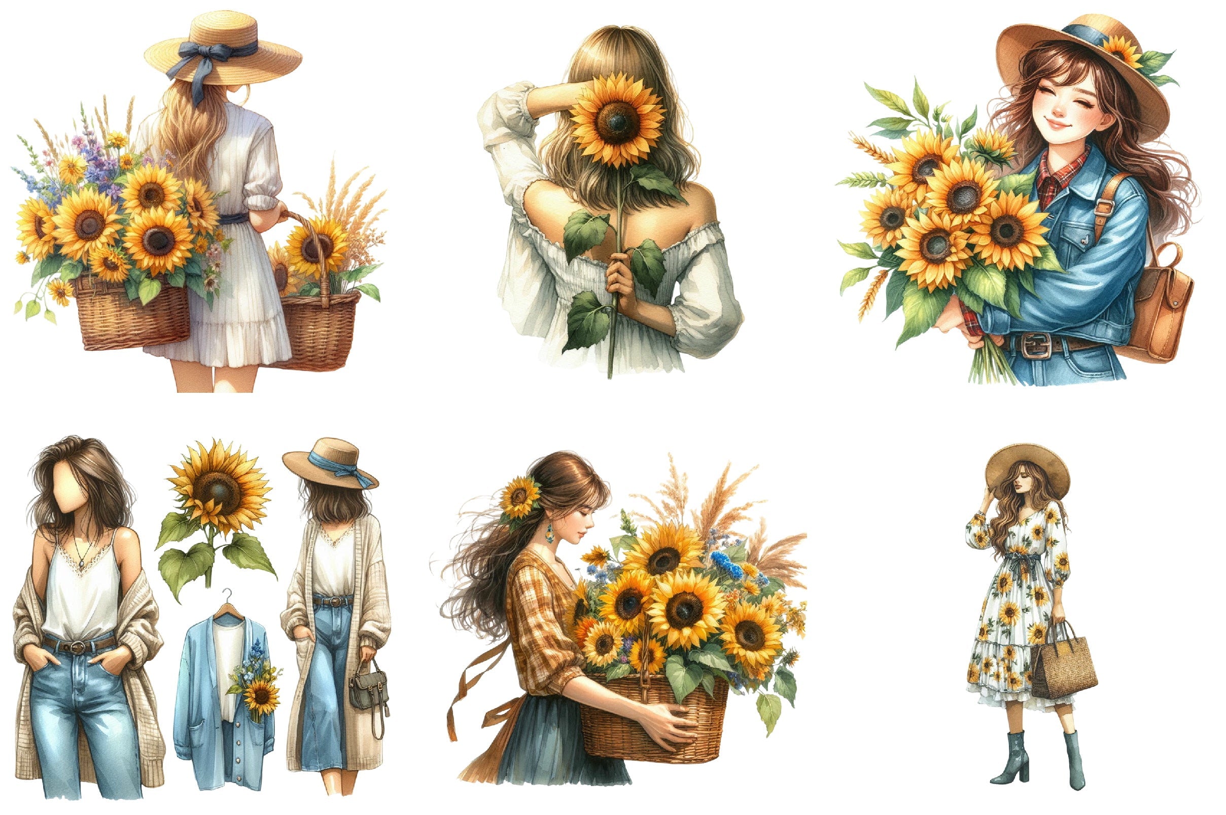Sunflower Woman Clipart Bundle
