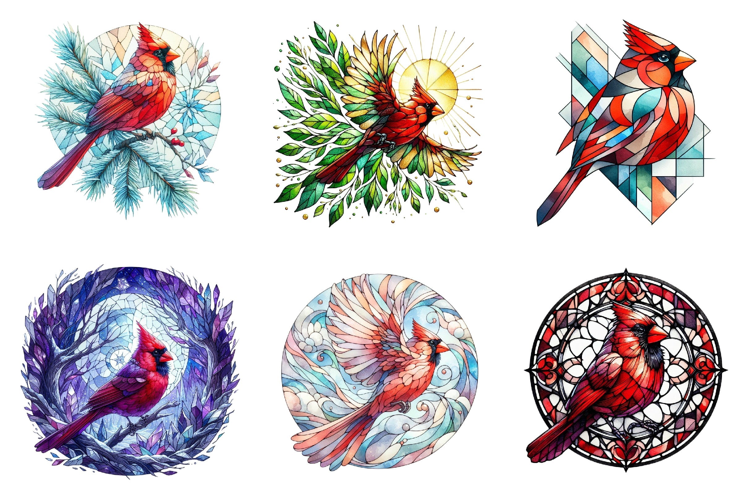Stained Glass Cardinal Bird Clipart Bundle