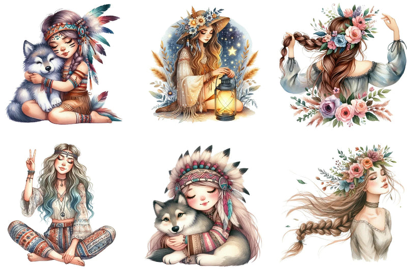 Tribal Boho Girl Clipart Bundle - CraftNest - Digital Crafting and Art