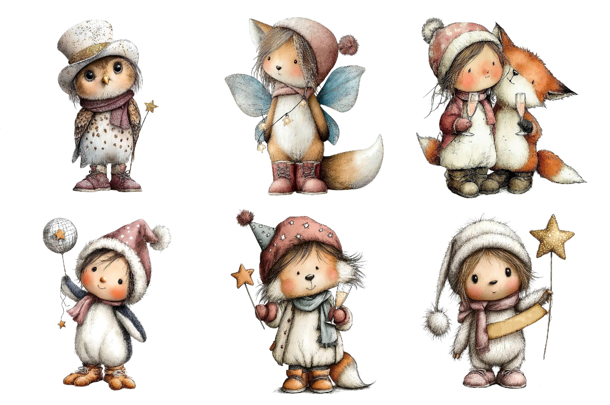 Whimsical New Year Party Animals Clipart Bundle