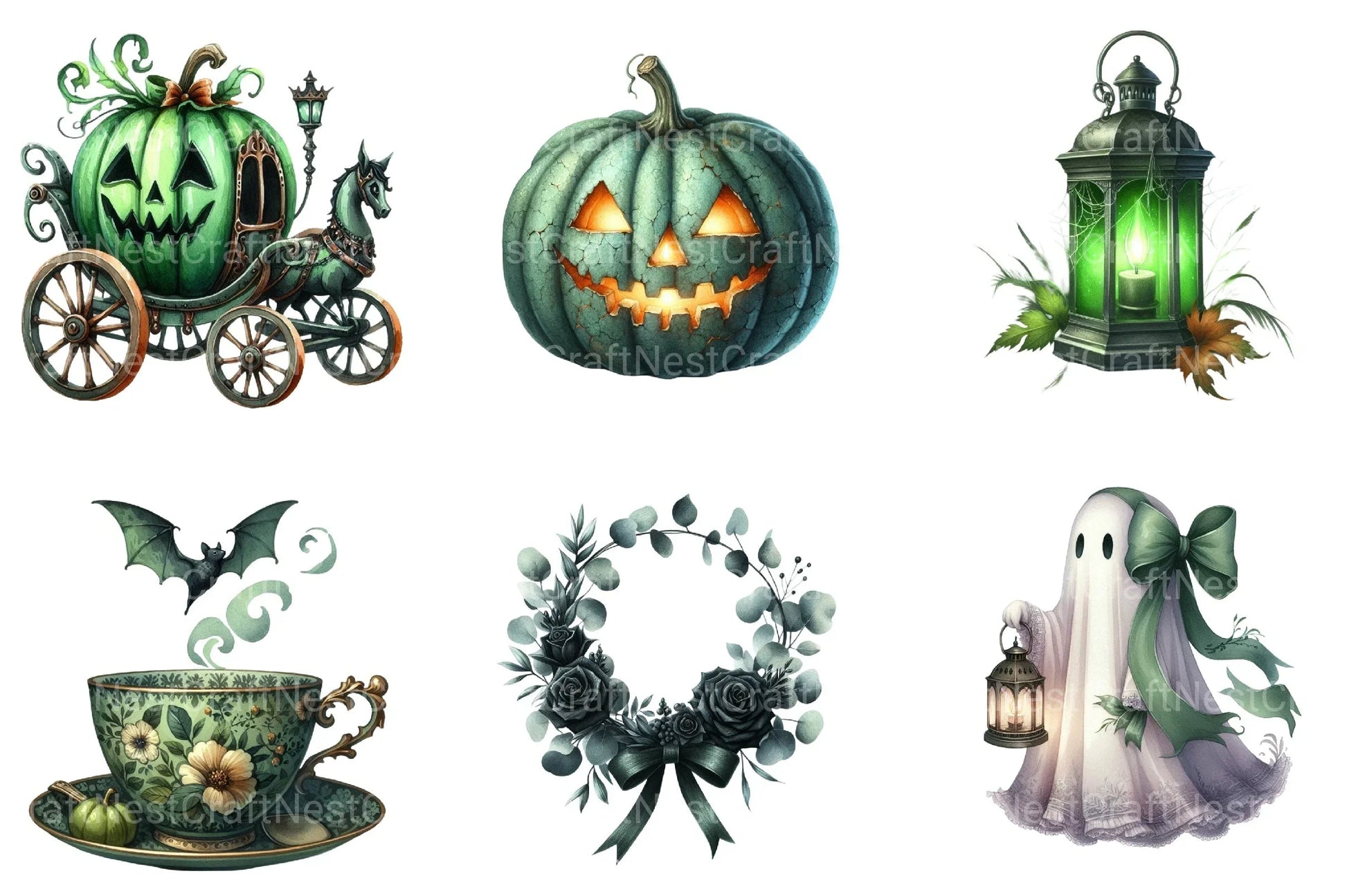 Antique Green Halloween Clipart Bundle 2 - CraftNest - Digital Crafting and Art