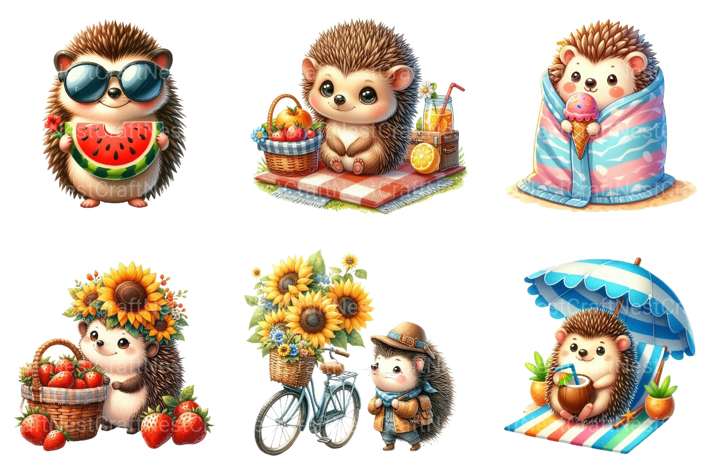 Summer Hedgehog Clipart Bundle