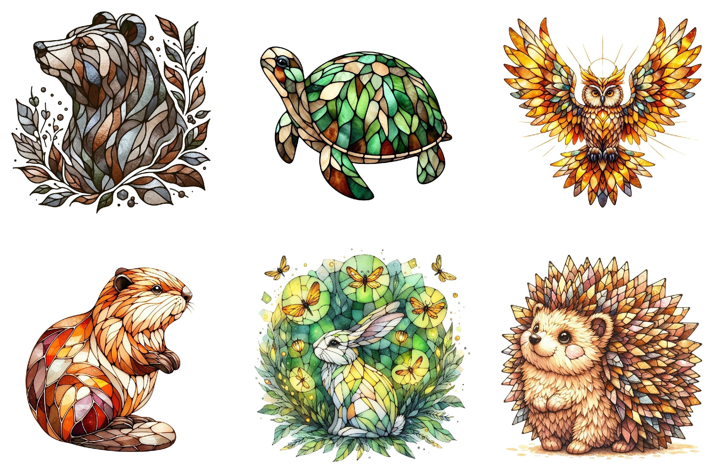 Stained Glass Forest Animals Clipart Bundle