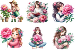 Girl with Peonies Flower Clipart Bundle - CraftNest - Digital Crafting and Art