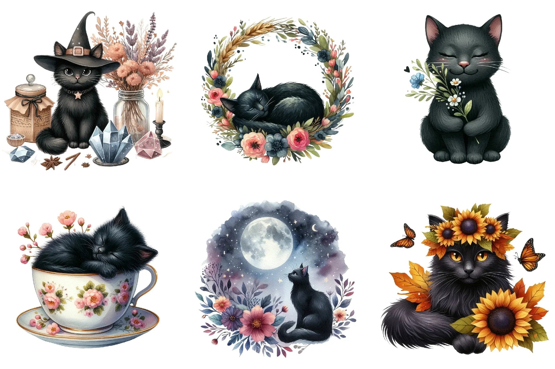 Floral Black Cat Clipart Bundle - CraftNest - Digital Crafting and Art