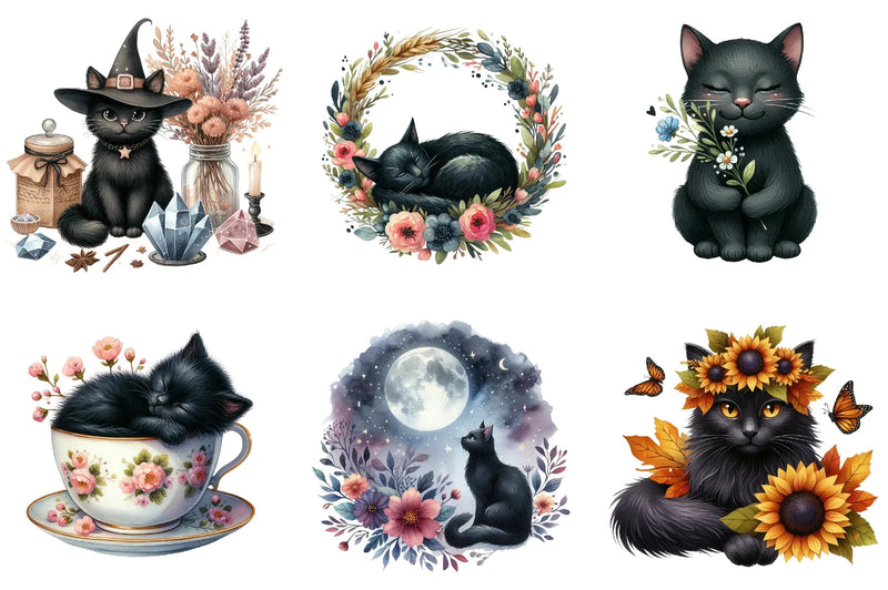 Floral Black Cat Clipart Bundle - CraftNest - Digital Crafting and Art