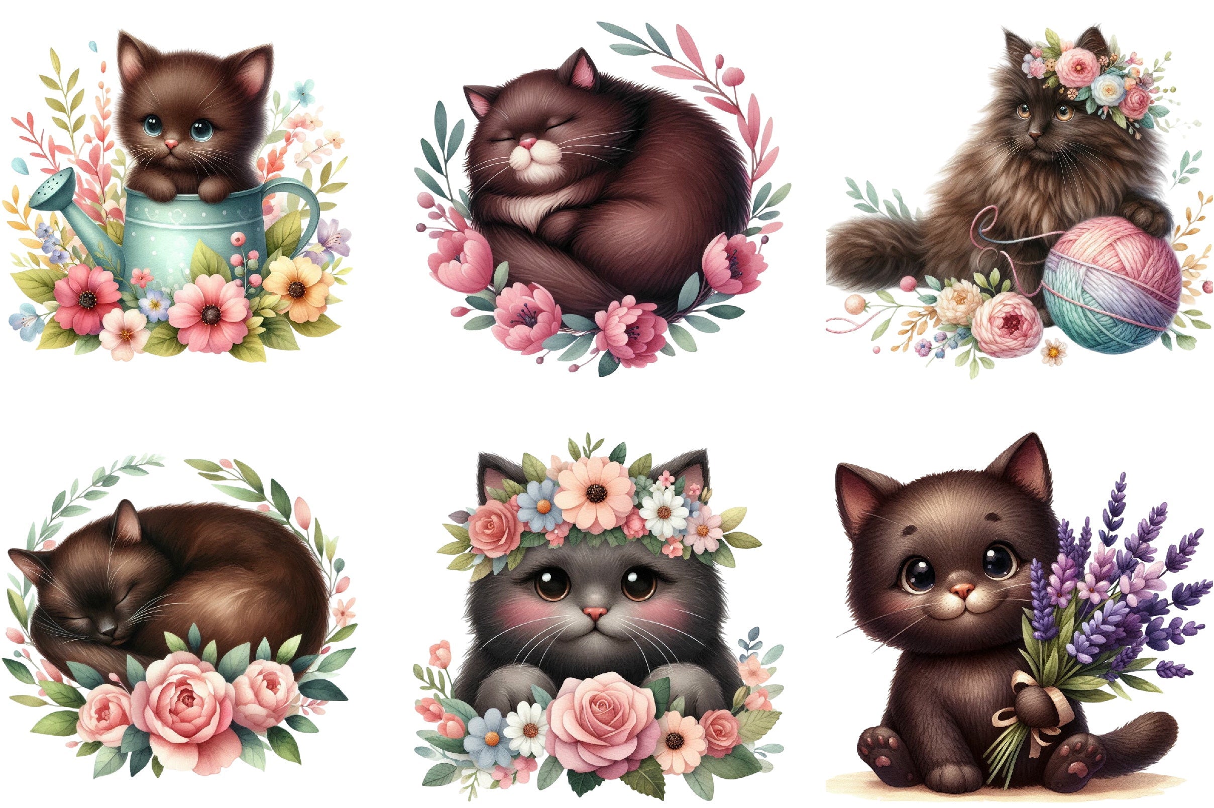 Cute Dark Brown Cat Clipart Bundle