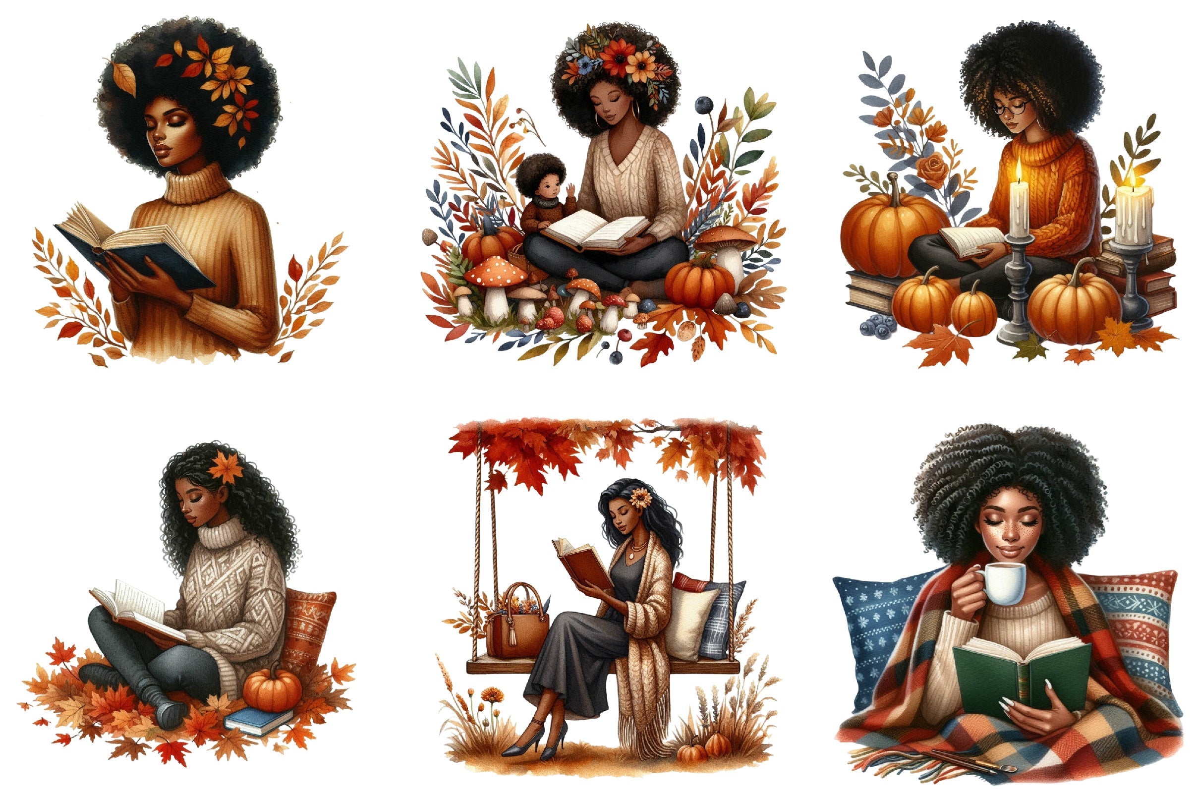 Autumn Black Woman Reading Clipart Bundle