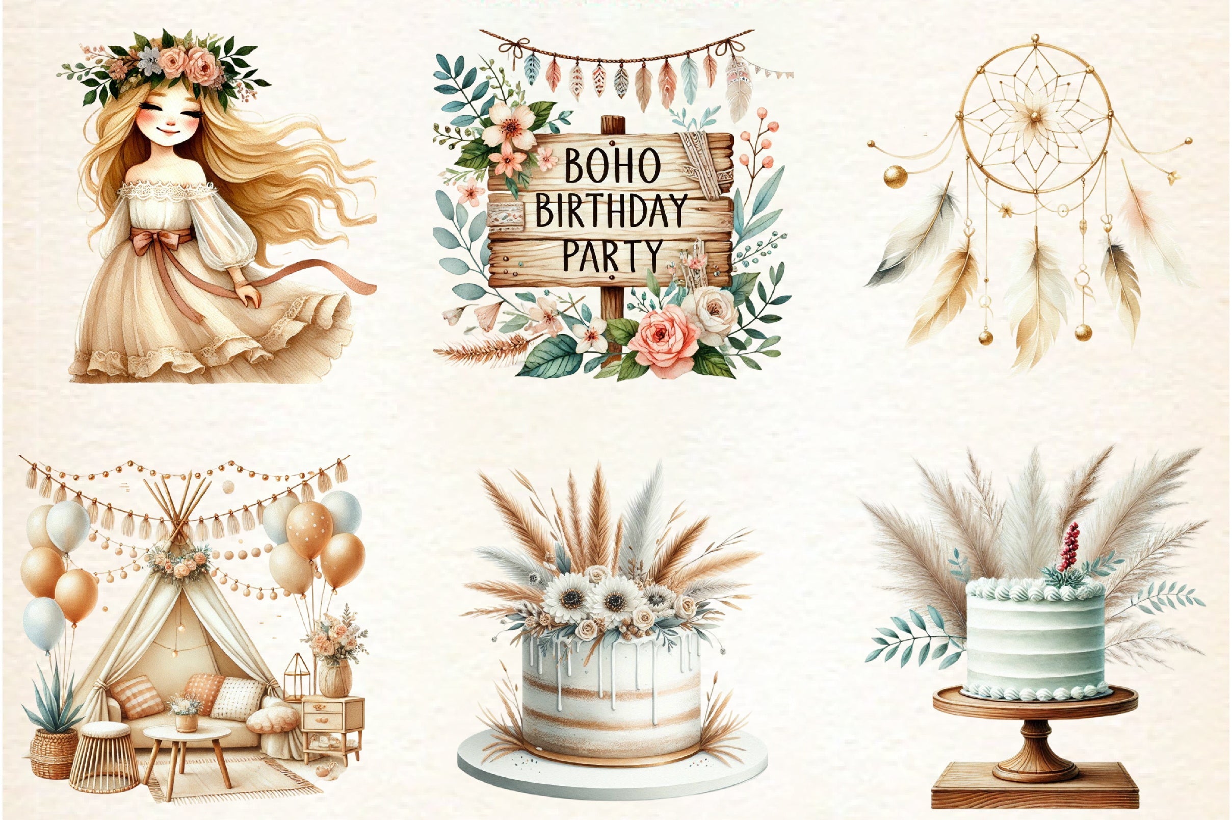 Boho Beige Birthday Clipart Bundle