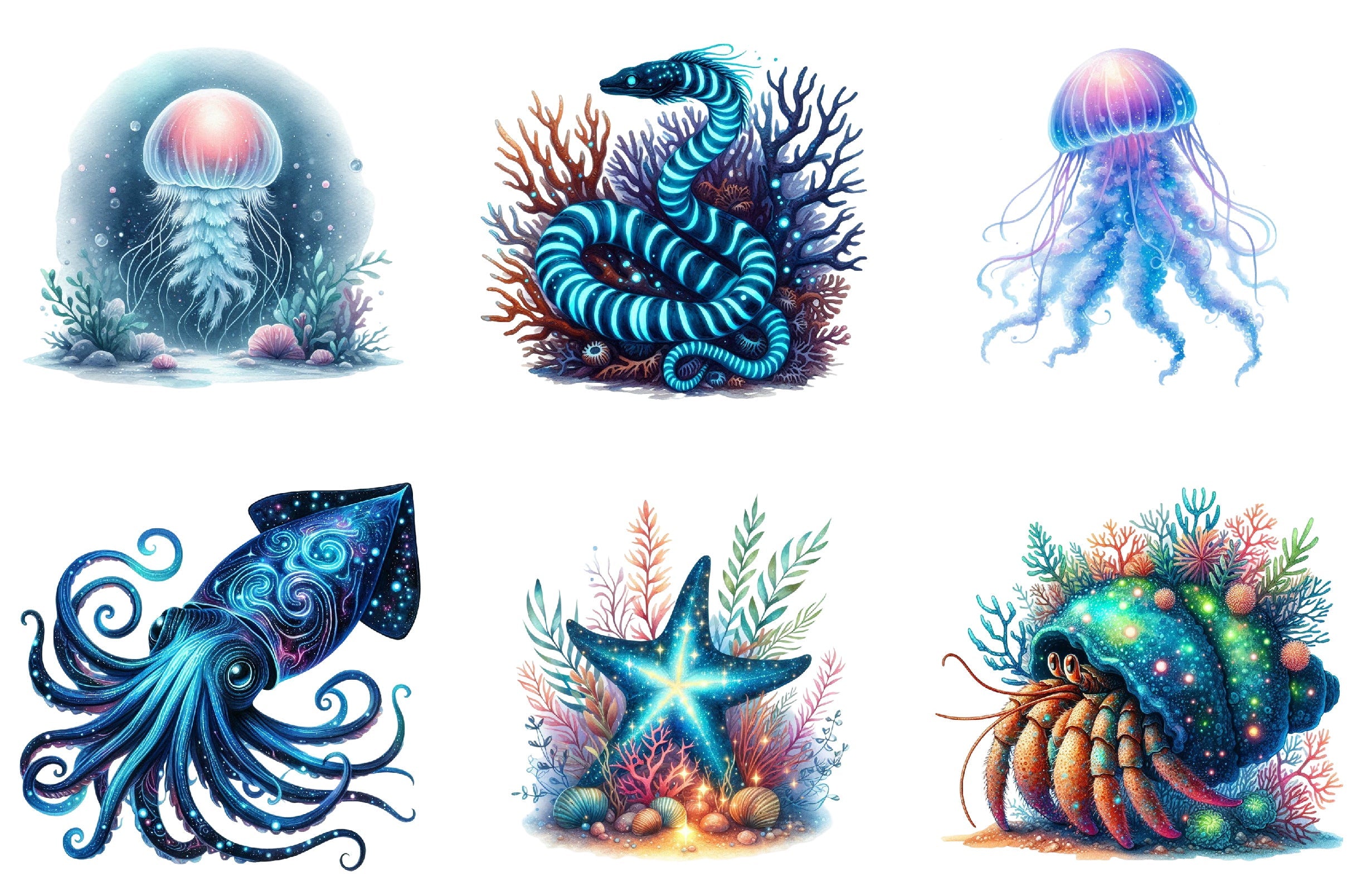 Bioluminescent Sea Animal Clipart Bundle