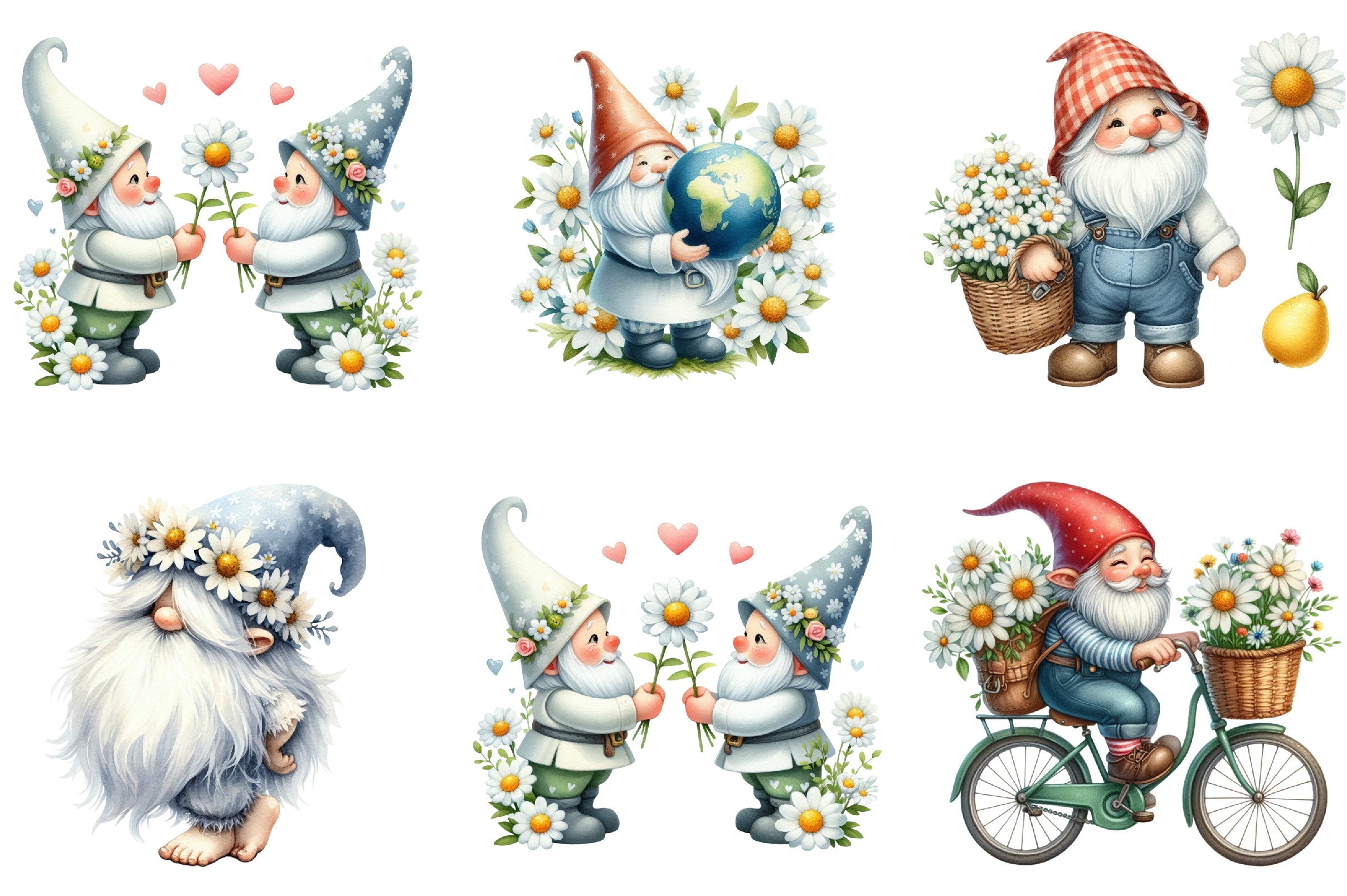 White Gnome Daisy Clipart Bundle