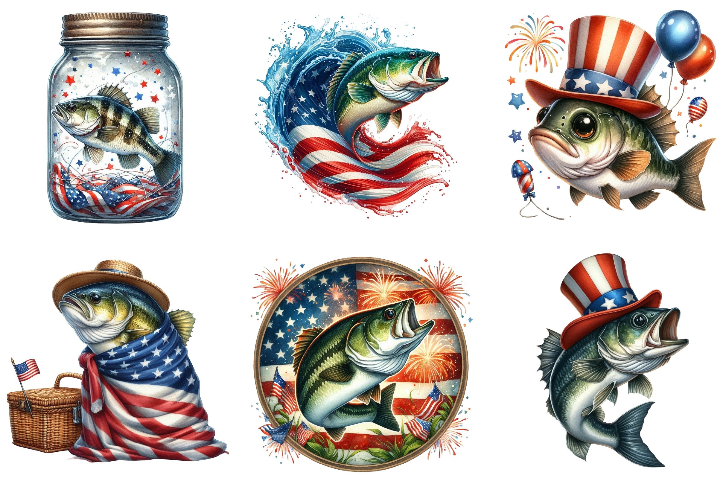 4th of July Bass Fish Clipart Bundle