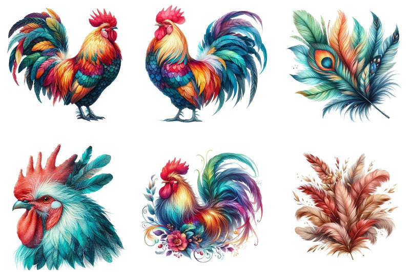 Boho Rooster Colored Feathers Clipart Bundle - CraftNest - Digital Crafting and Art