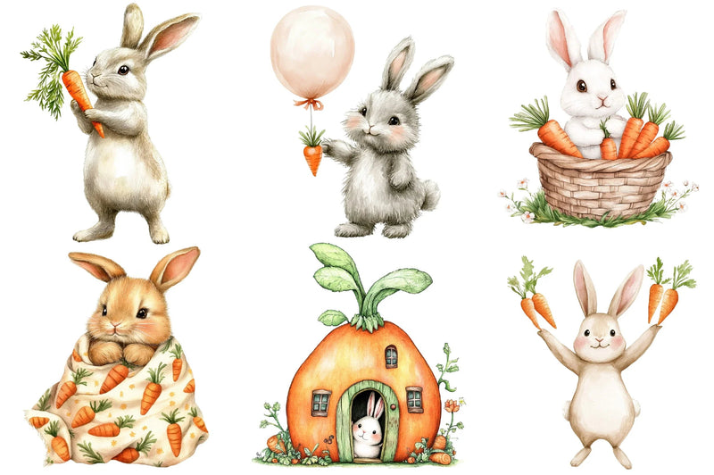 Hand Painted Bunny with Carrots Clipart Bundle - CraftNest - Digital Crafting and Art