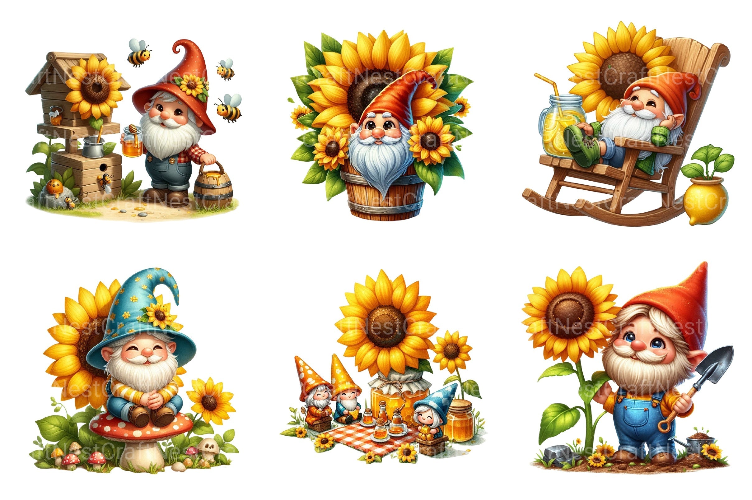 Summer Garden Sunflower Gnome Clipart Bundle