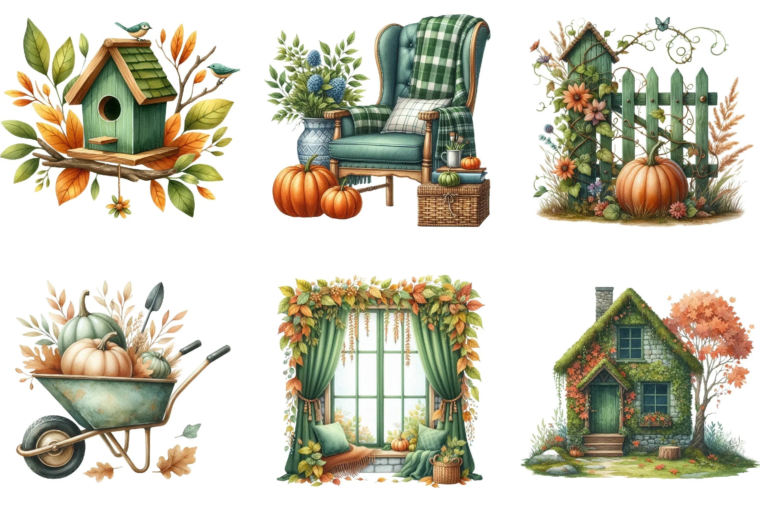 Green Autumn Cottage Clipart Bundle - CraftNest - Digital Crafting and Art