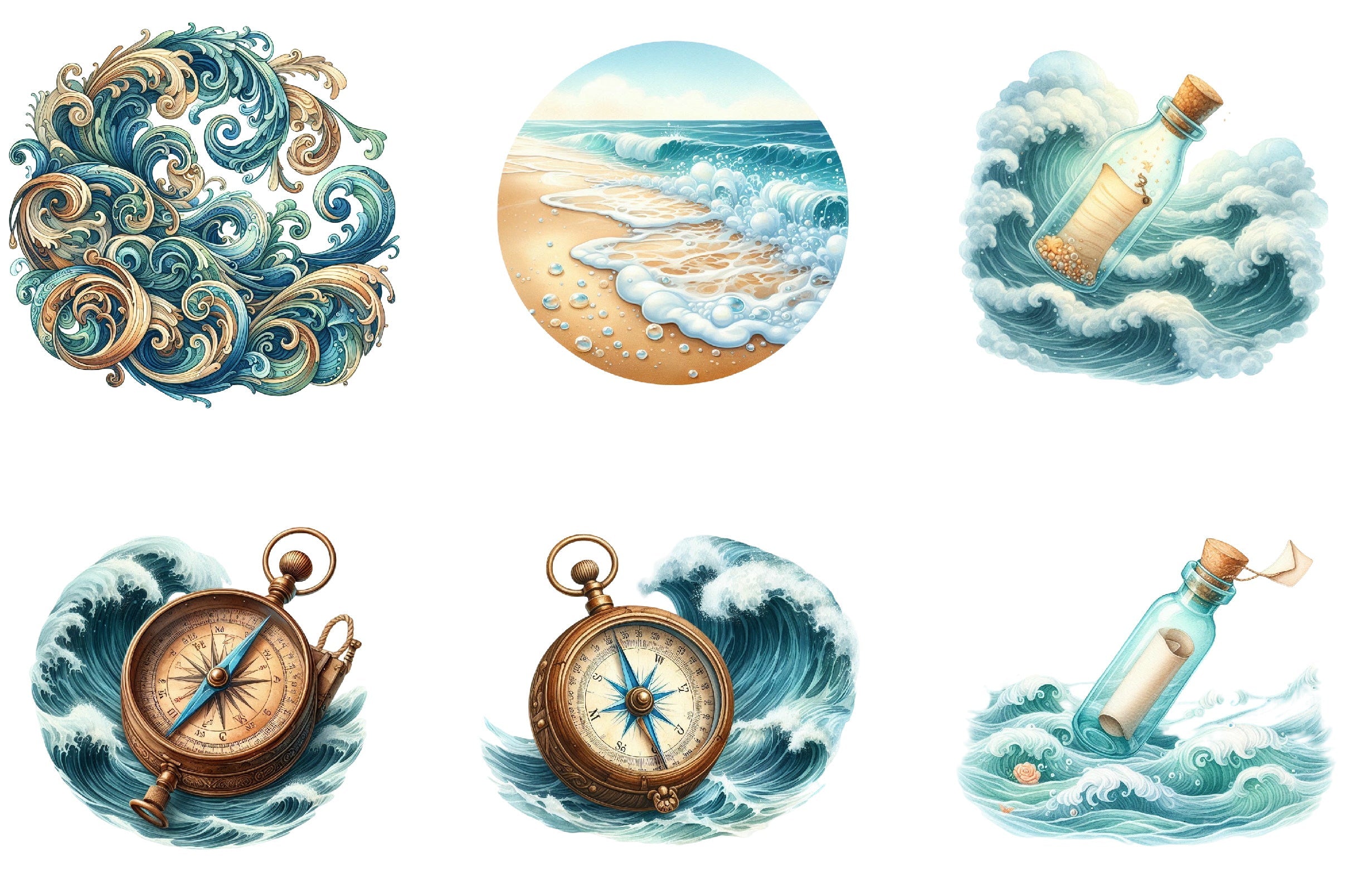 Vintage Ocean Waves Clipart Bundle