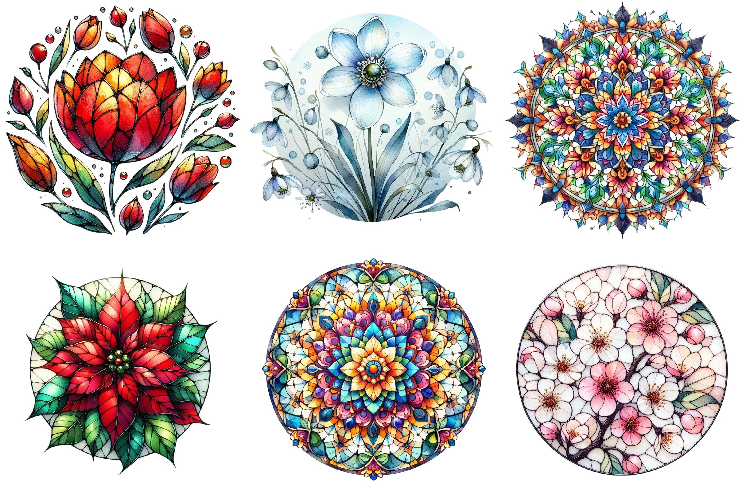 Round Stained Glass Flowers Clipart Bundle