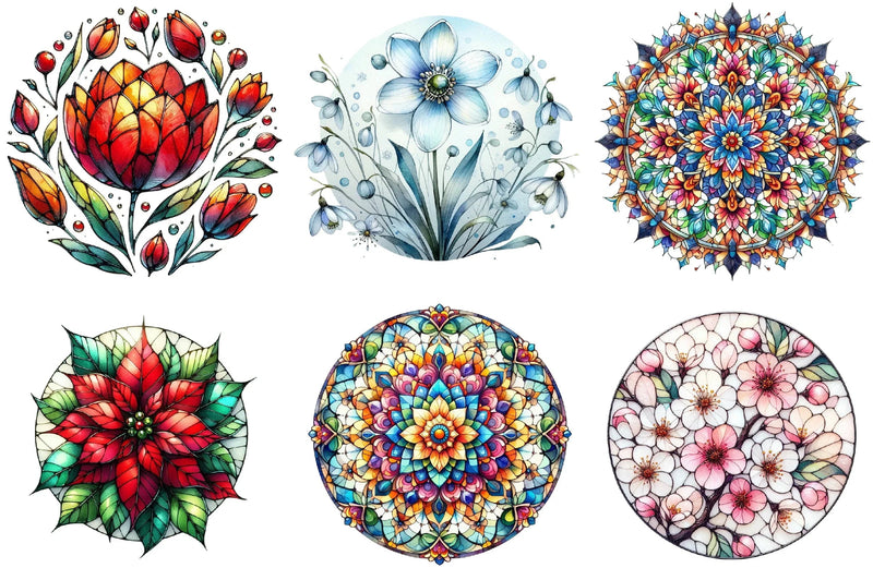 Round Stained Glass Flowers Clipart Bundle - CraftNest - Digital Crafting and Art