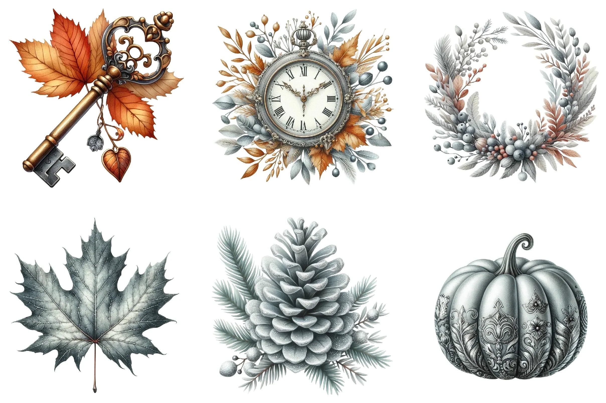 Silver Vintage Autumn Clipart Bundle - CraftNest - Digital Crafting and Art