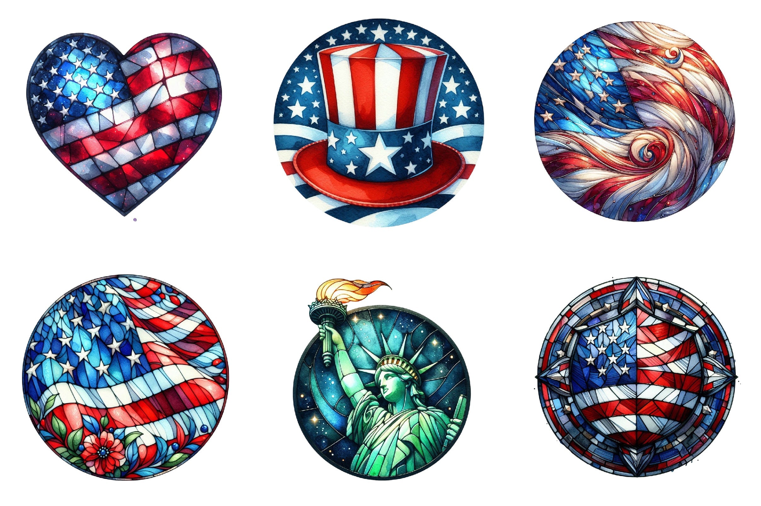 Round Stained Glass 4th of July Clipart Bundle