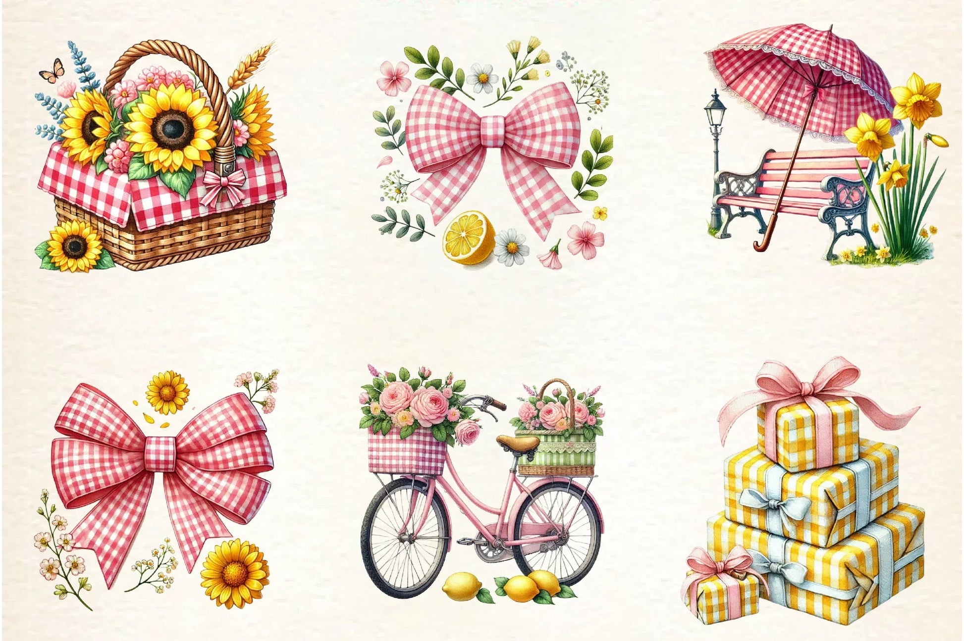 Yellow & Pink Gingham Spring Clipart Bundle - CraftNest - Digital Crafting and Art