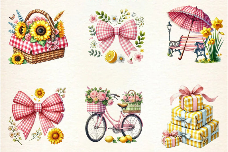 Yellow & Pink Gingham Spring Clipart Bundle - CraftNest - Digital Crafting and Art