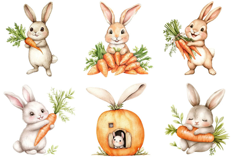 Hand Painted Bunny with Carrots Clipart Bundle - CraftNest - Digital Crafting and Art