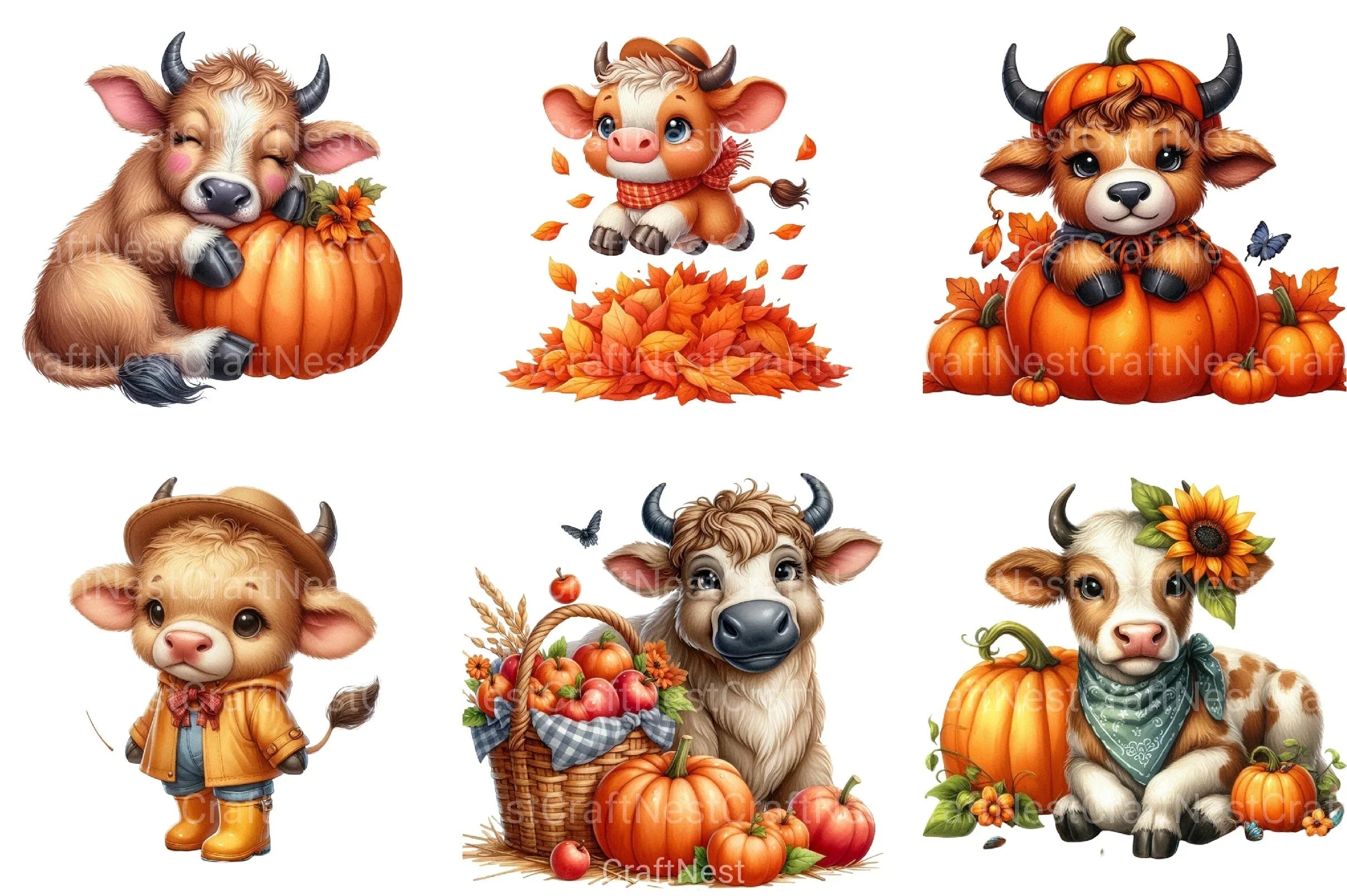 Autumn Cute Bull Clipart Bundle - CraftNest - Digital Crafting and Art