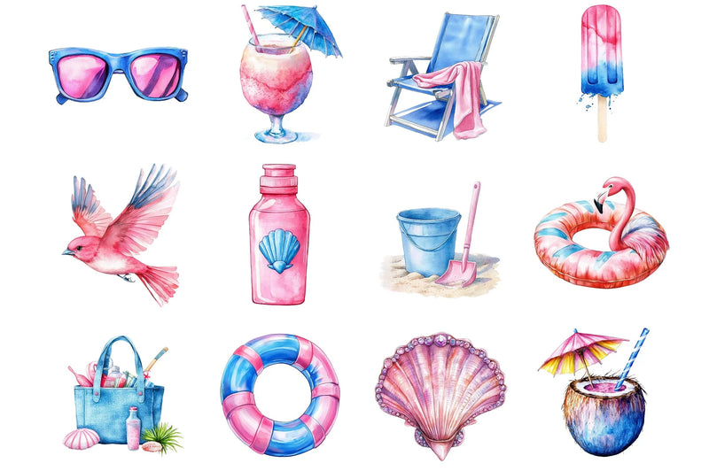 Summer Pink & Blue Coastal Clipart Bundle - CraftNest - Digital Crafting and Art