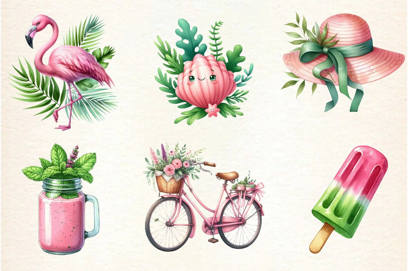 Pink and Green Summer Clipart Bundle - CraftNest - Digital Crafting and Art