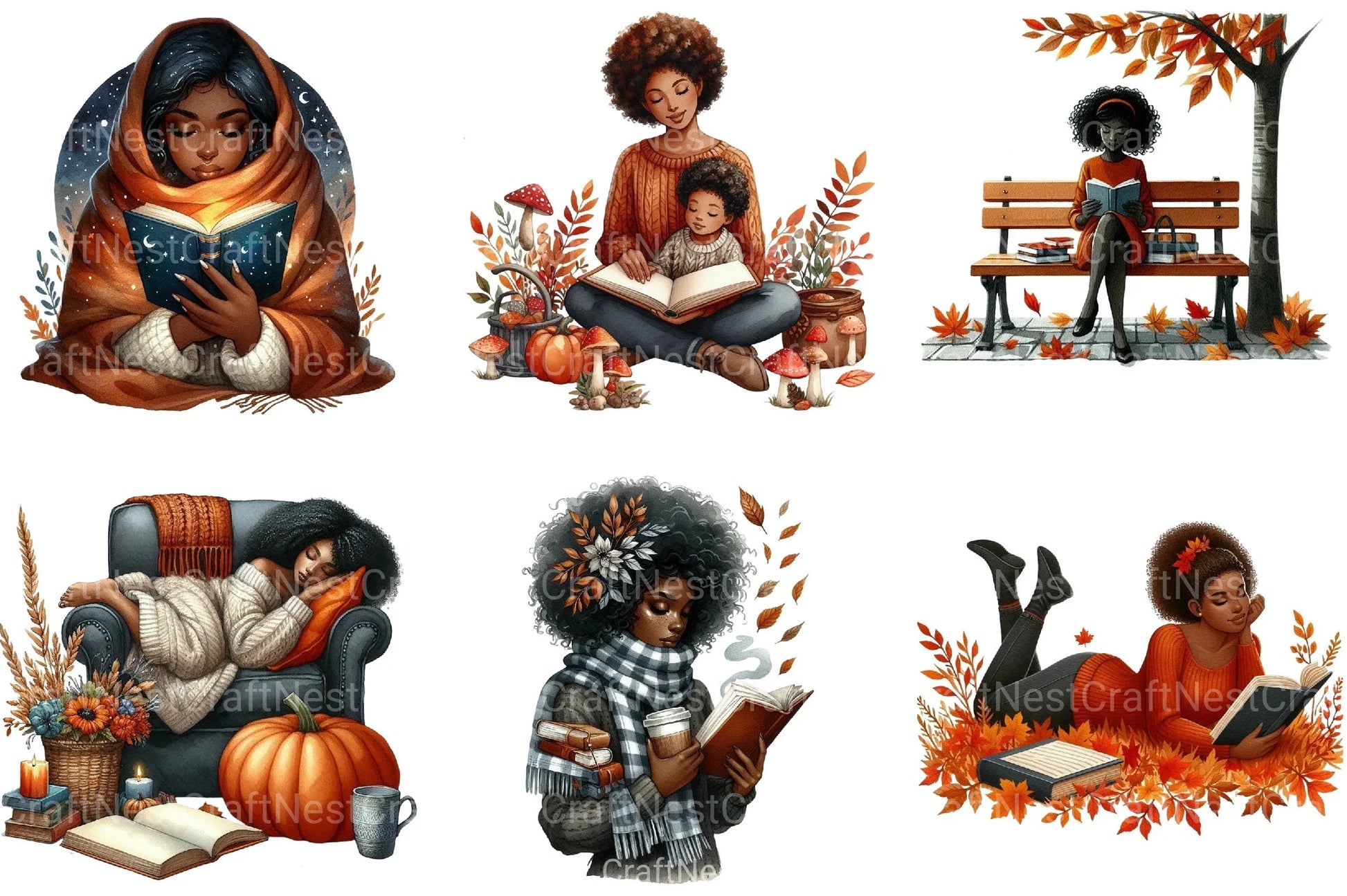 Autumn Black Woman Reading Clipart Bundle - CraftNest - Digital Crafting and Art