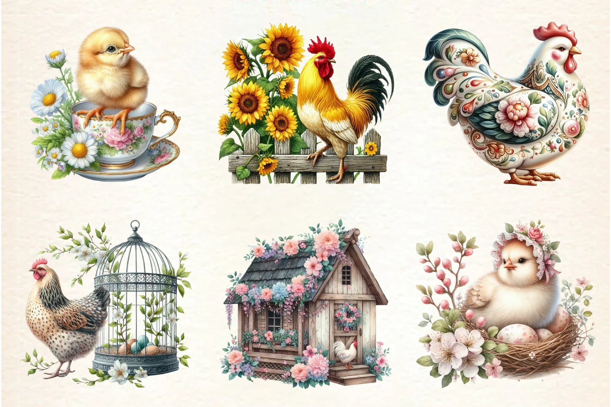 Vintage Spring Floral Chicken Clipart Bundle - CraftNest - Digital Crafting and Art