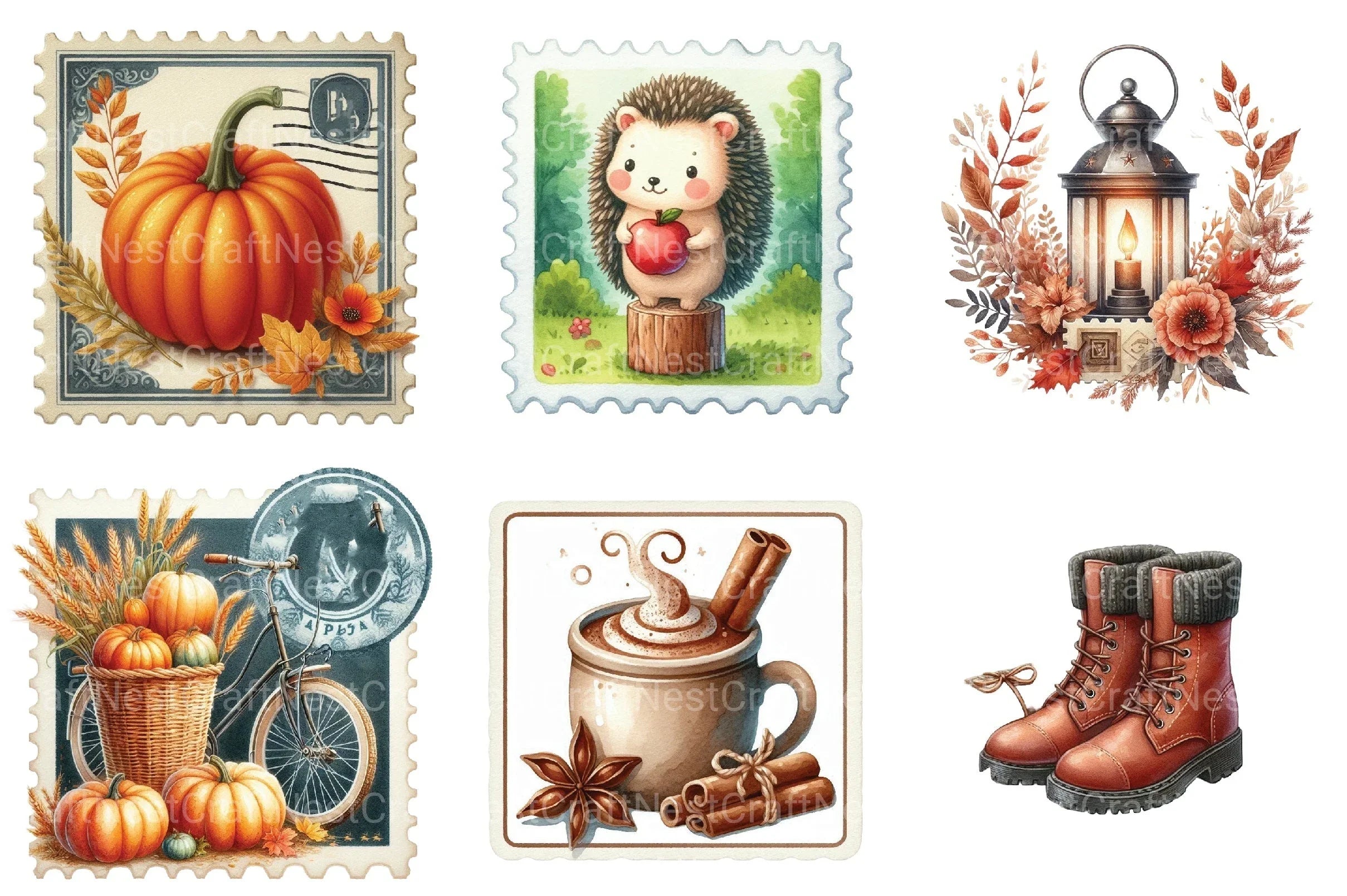 Autumn Fall Postage Stamp Clipart Bundle - CraftNest - Digital Crafting and Art