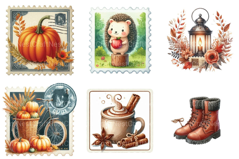 Autumn Fall Postage Stamp Clipart Bundle - CraftNest - Digital Crafting and Art