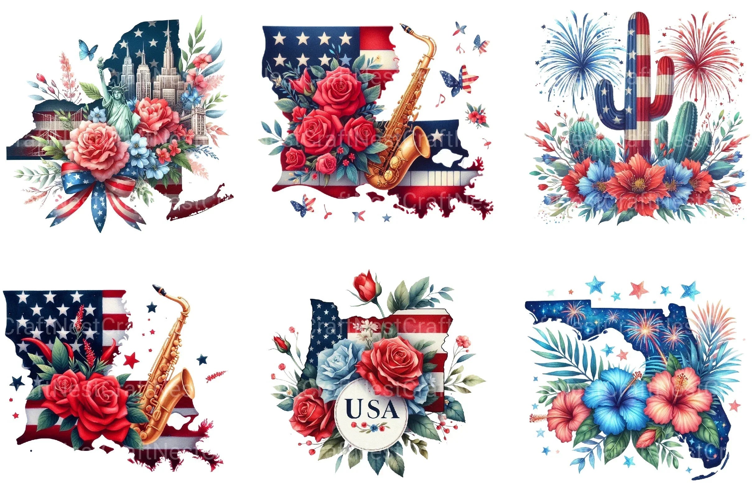 4th of July Floral USA State Map Clipart Bundle - CraftNest - Digital Crafting and Art