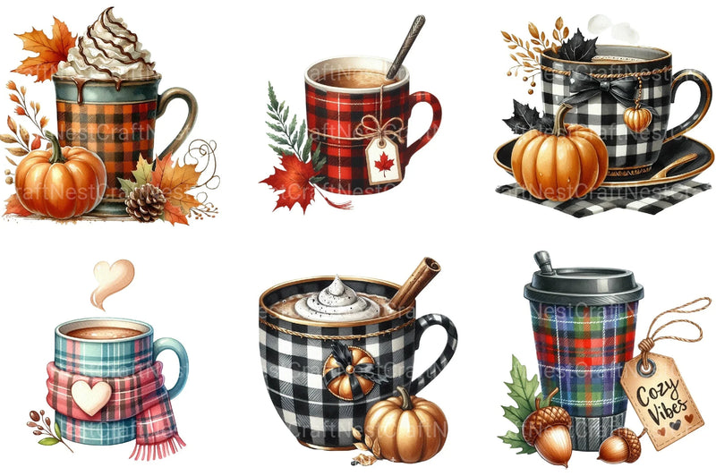Autumn Plaid Coffee Cup Clipart Bundle 2 - CraftNest - Digital Crafting and Art