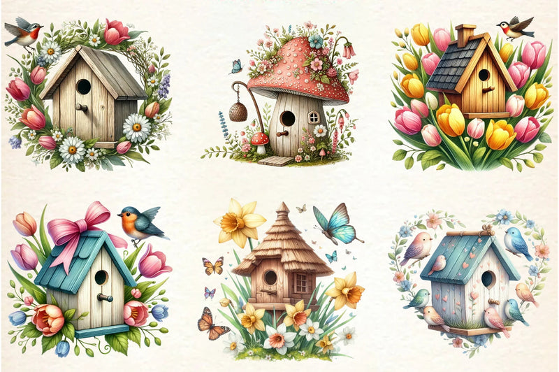 Spring Bird Houses Clipart Bundle - CraftNest - Digital Crafting and Art