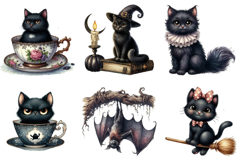 Vintage Halloween Cats and Bats Clipart Bundle - CraftNest - Digital Crafting and Art