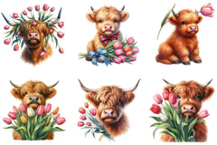 Highland Cow Tulip Flower Clipart Bundle - CraftNest - Digital Crafting and Art